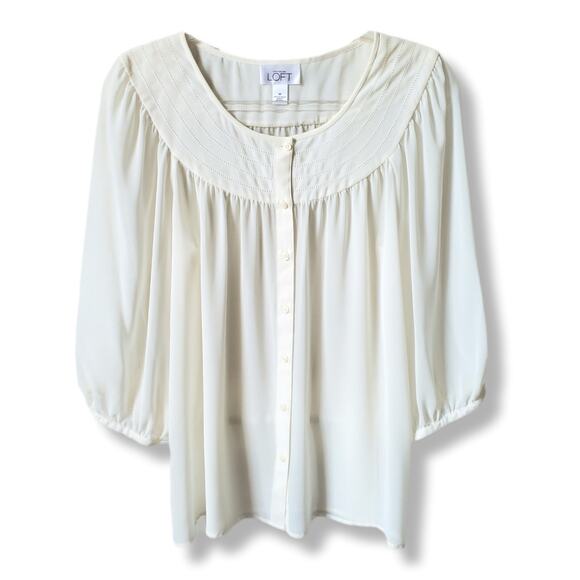 Women Loft Ivory Button Blouse Top M Sheer Career Classic Feminine Relaxed NEW - Picture 1 of 7